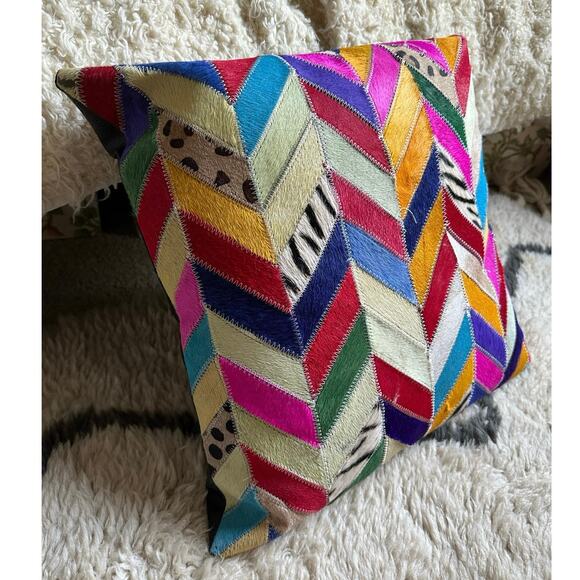 Cowhide Patchwork Decorative Pillow Cover colorful fun unique bright 18” - Picture 15 of 16